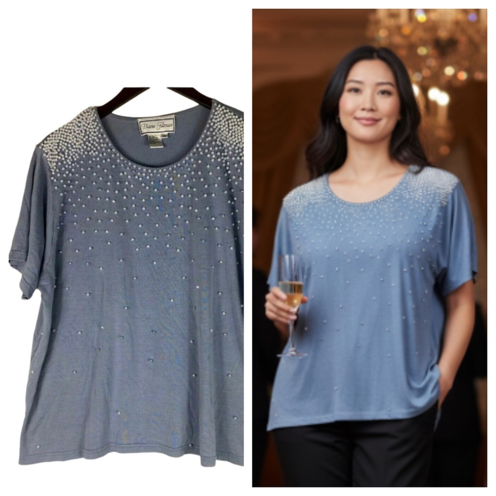 Diane Gilman 2X XXL 18 20 Top Shirt Blue Silk Blend Pearls Career Party